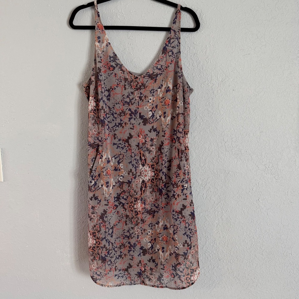 Cabi Womens Abstract Ikat Print Slip Dress V-Neck Pockets Grey Orange Purple MD